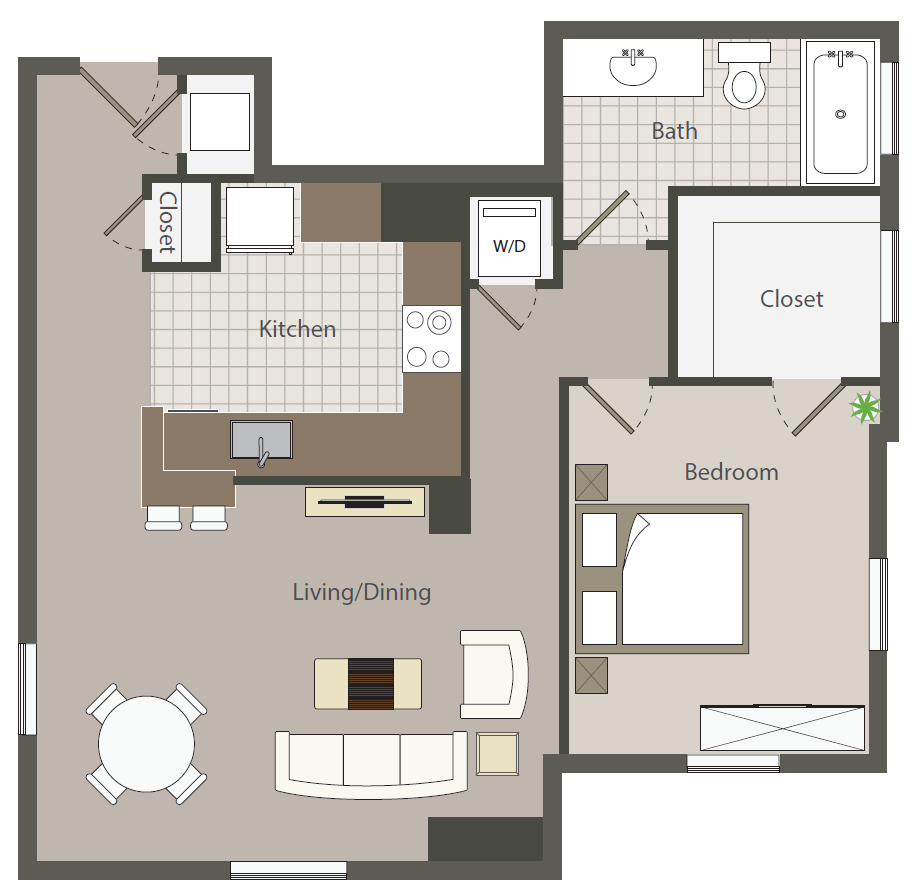 Floor plan for 1 bed, 1 bath, 726 sqft